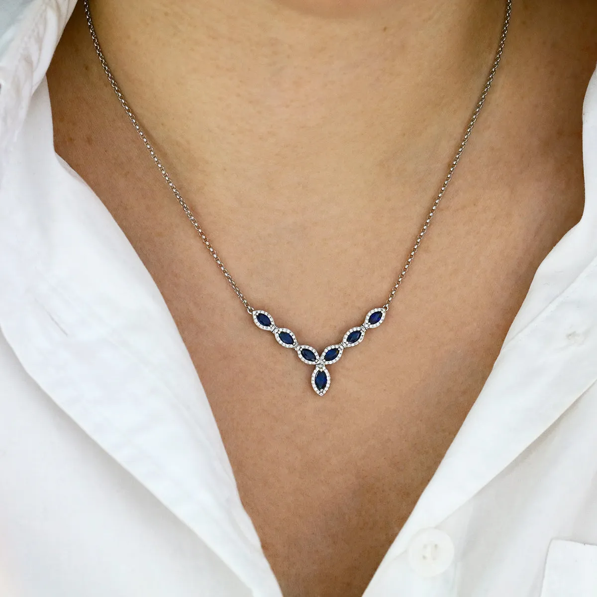 0.49ct Marquise Cut Sapphire and 0.30ct Diamond Necklet | Pre-Loved | 14K White Gold
