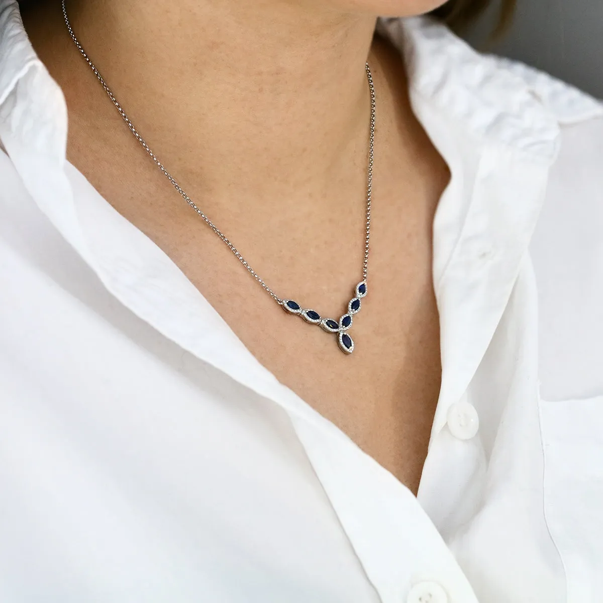 0.49ct Marquise Cut Sapphire and 0.30ct Diamond Necklet | Pre-Loved | 14K White Gold