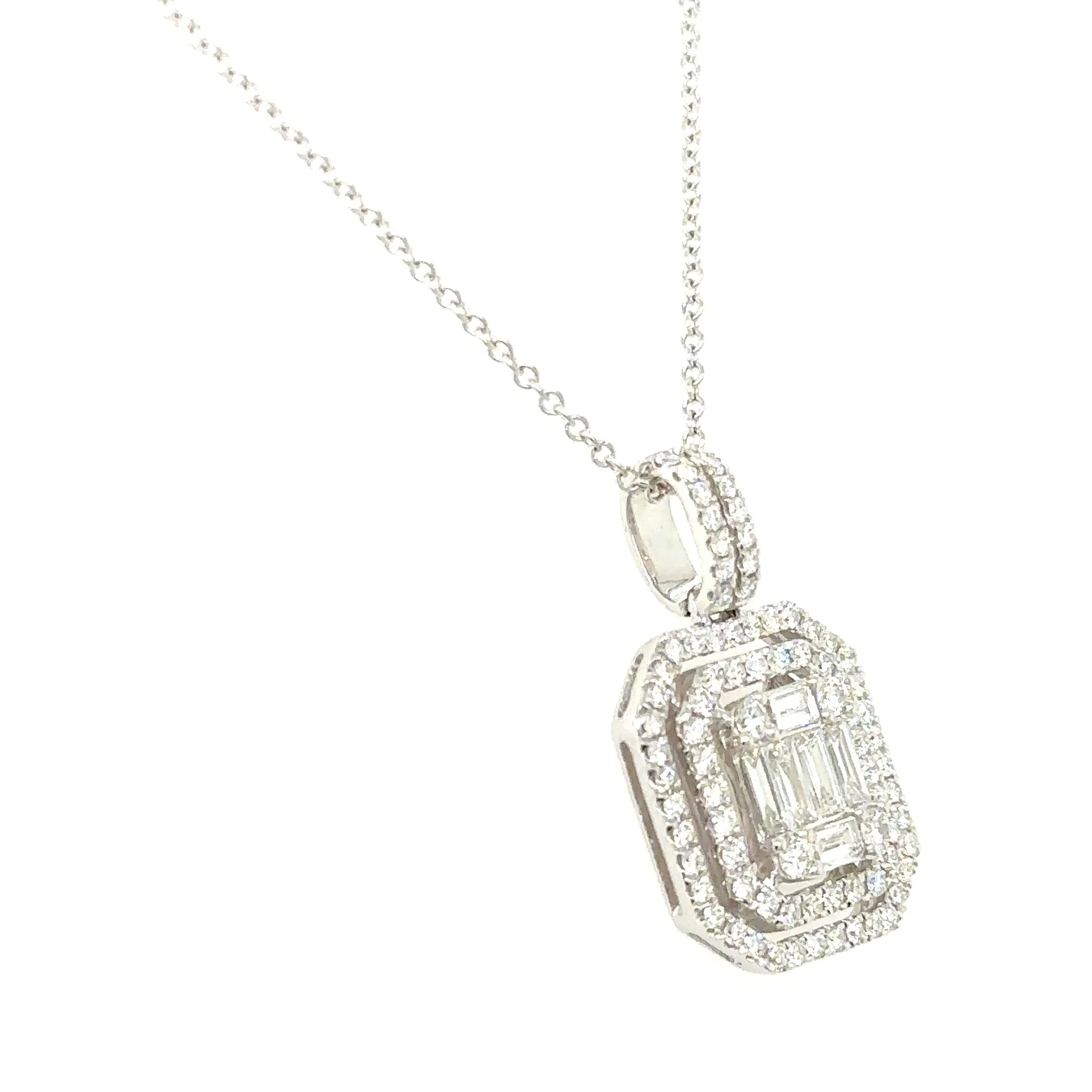 0.83ct tw Emerald Cut Double Halo Diamond Pendant Necklace