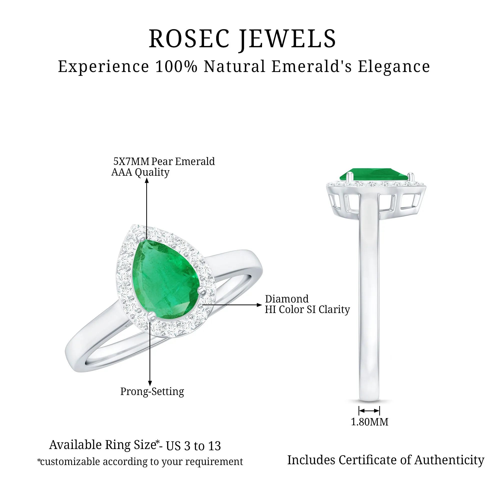 1 CT Emerald Teardrop Engagement Ring with Diamond Halo