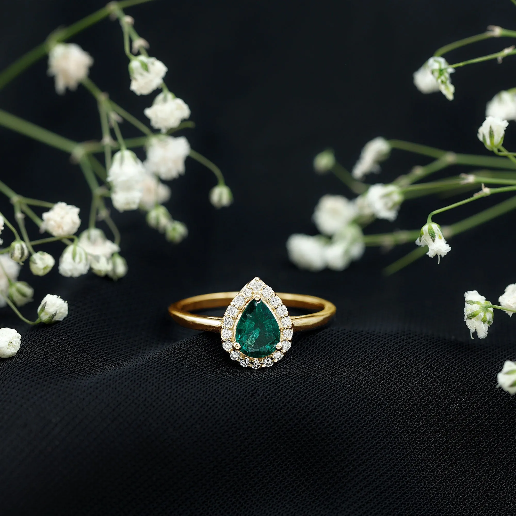 1 CT Emerald Teardrop Engagement Ring with Diamond Halo