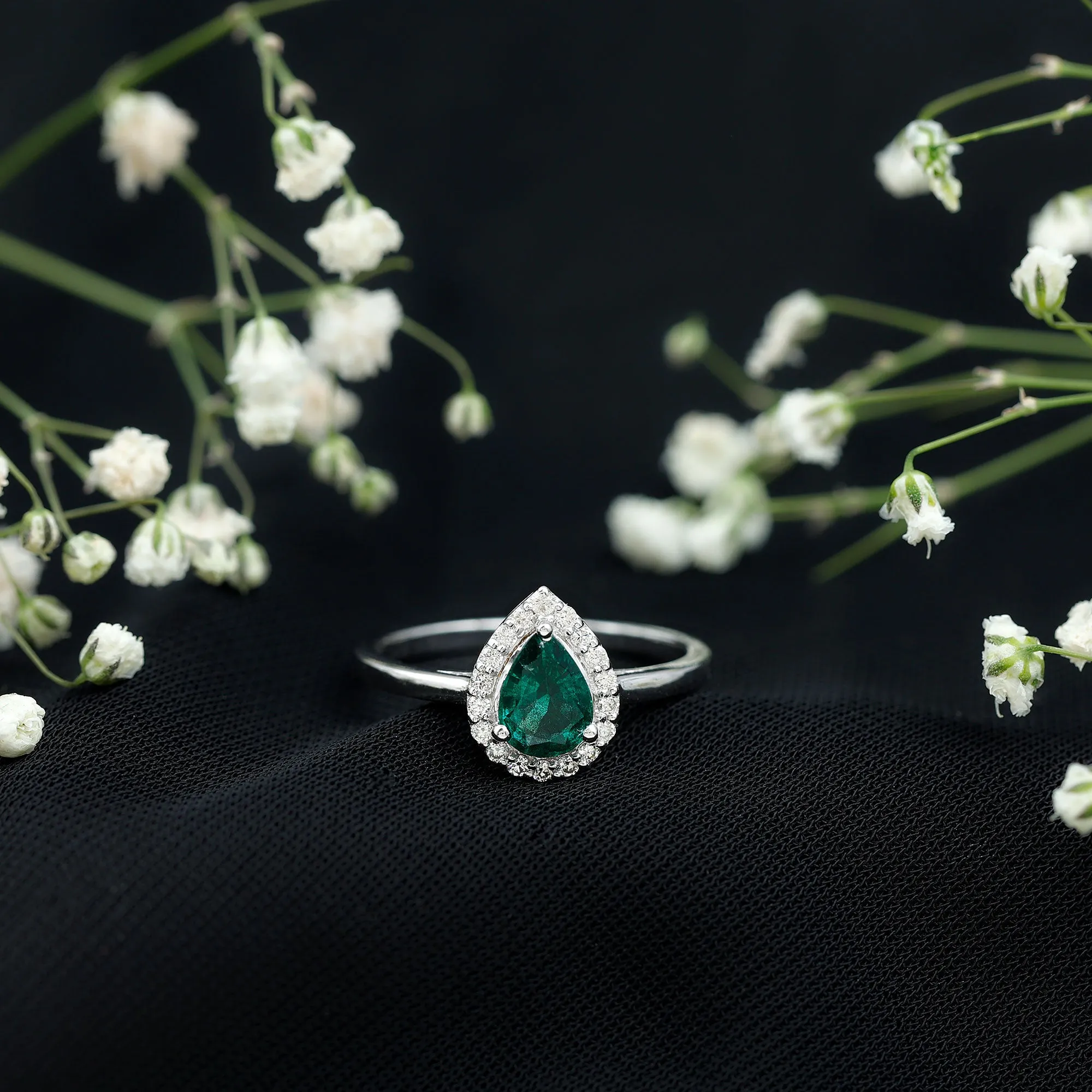 1 CT Emerald Teardrop Engagement Ring with Diamond Halo