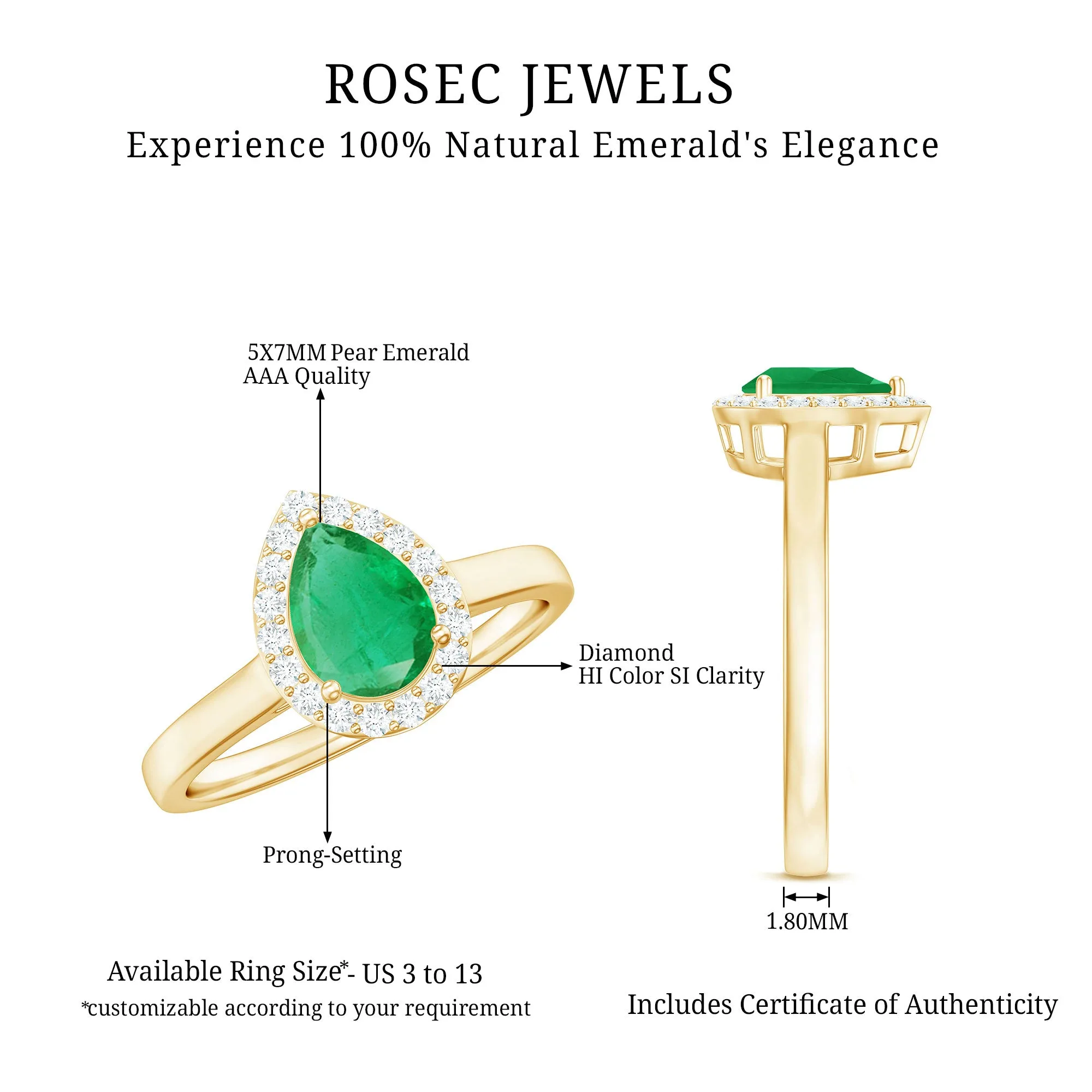 1 CT Emerald Teardrop Engagement Ring with Diamond Halo