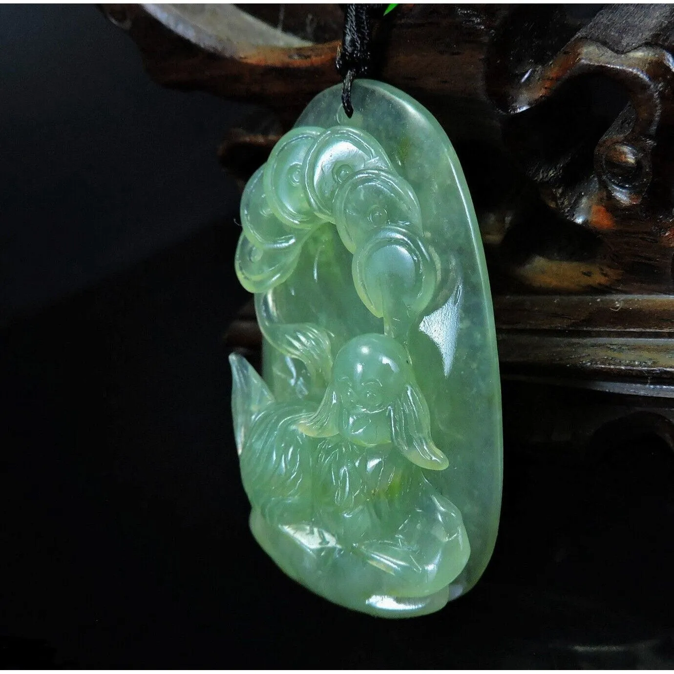 100% Natural Hand-Carved Jade Pendant Jadeite Necklace Dog & Coin
