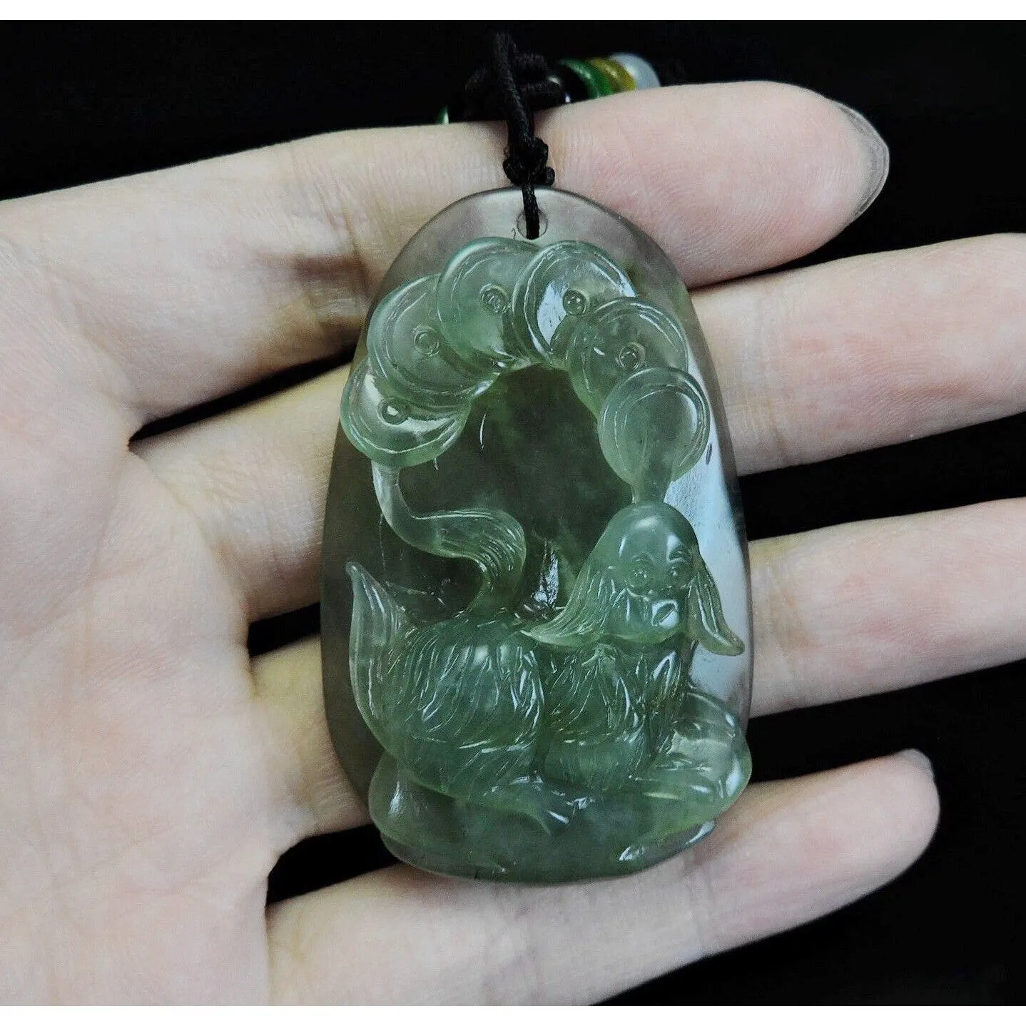 100% Natural Hand-Carved Jade Pendant Jadeite Necklace Dog & Coin