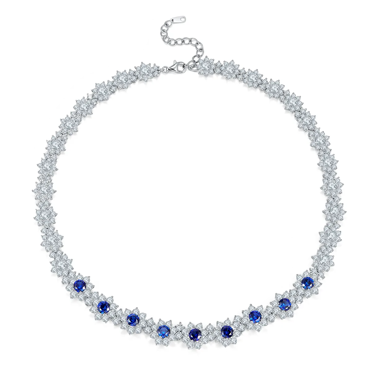 12.96 Carat Round Lab-Created Sapphire and Sterling Silver Beaded Floral Necklace