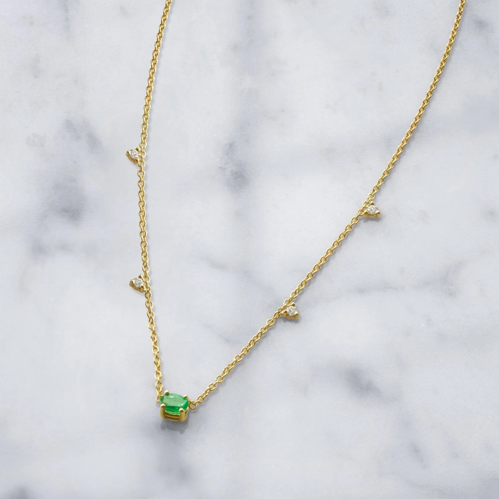 14K Gold Emerald & Diamond Station Necklace