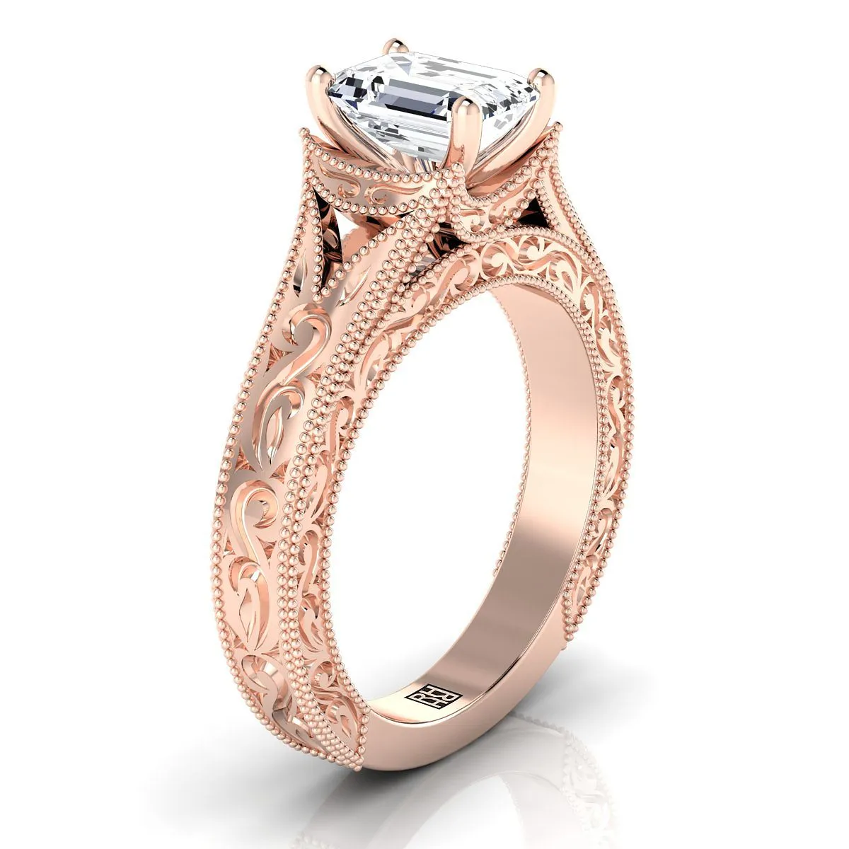 14K Rose Gold Emerald Cut  Hand Engraved and Milgrain Vintage Solitaire Engagement Ring