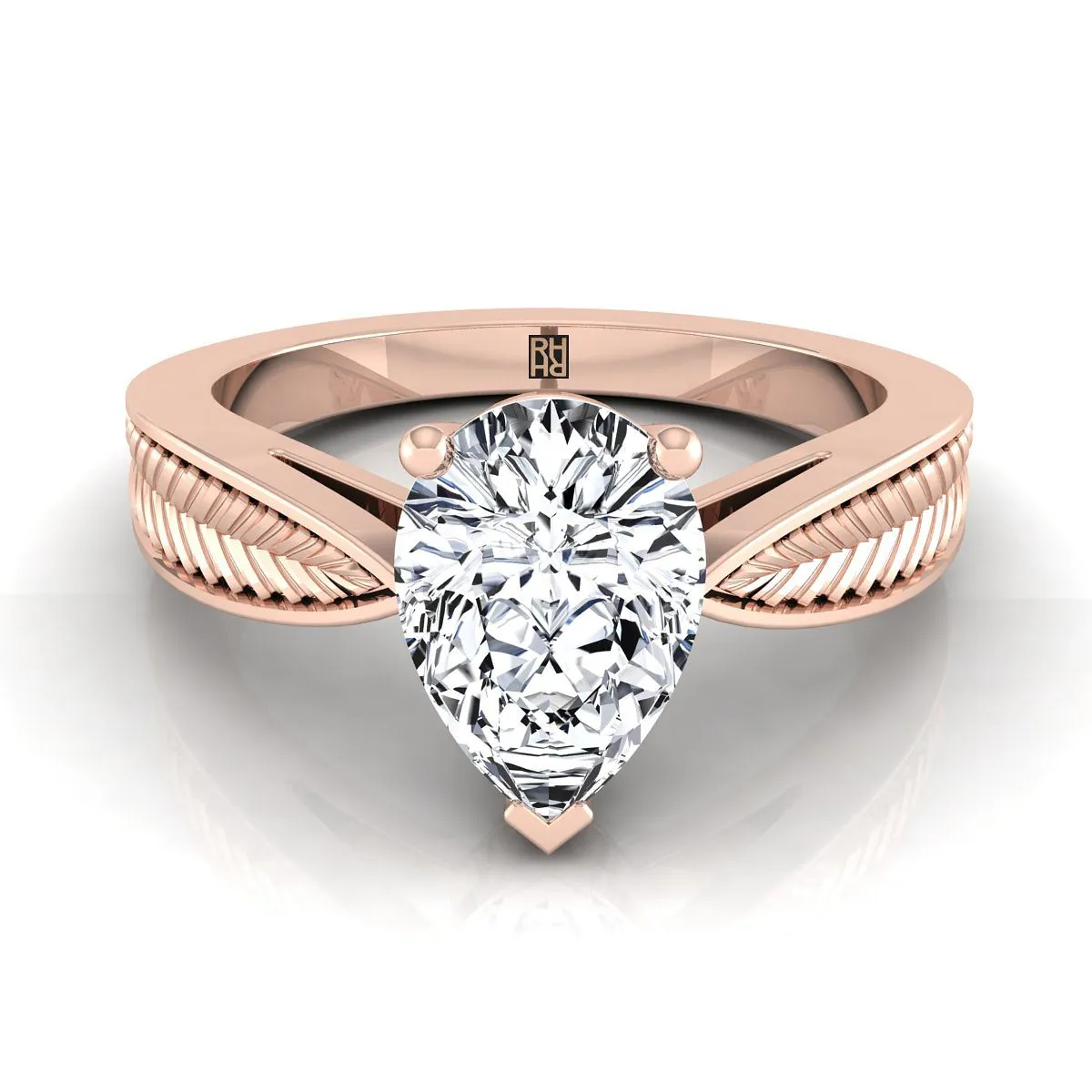 14K Rose Gold Pear Shape Center Vintage Inspired Leaf Pattern Pinched Solitaire Engagement Ring