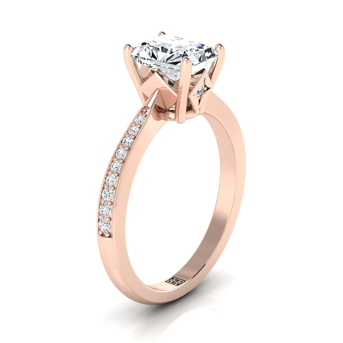 14K Rose Gold Radiant Cut Center Diamond Tapered Pave Engagement Ring -1/8ctw