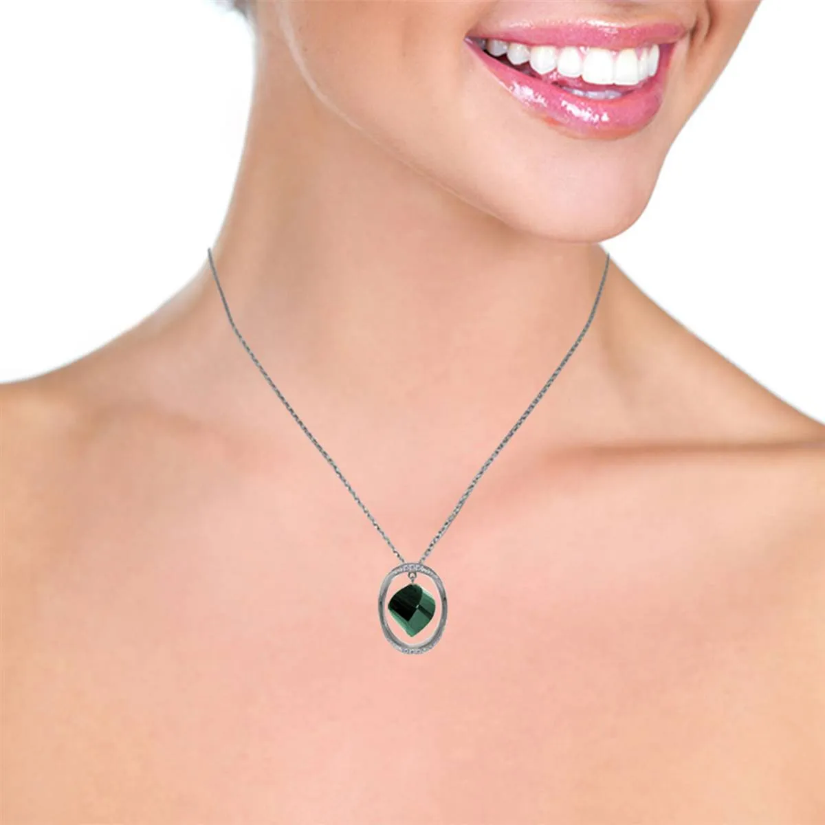 14K Solid White Gold Necklace w/ Twisted Briolette Dyed Green Sapphire & Diamonds