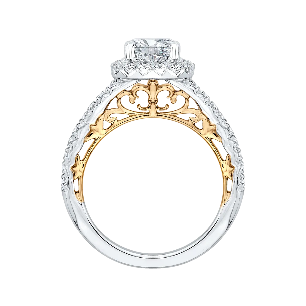 14K Two Tone Gold Cushion Diamond Halo Engagement Ring (Semi Mount)