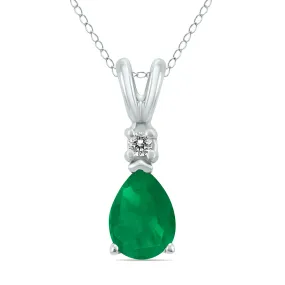 14K White Gold 6X4Mm Pear Emerald And Diamond Pendant