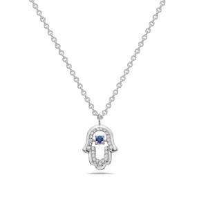 14K White Gold Hamsa Sapphire And Diamond Necklace