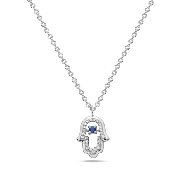 14K White Gold Hamsa Sapphire And Diamond Necklace