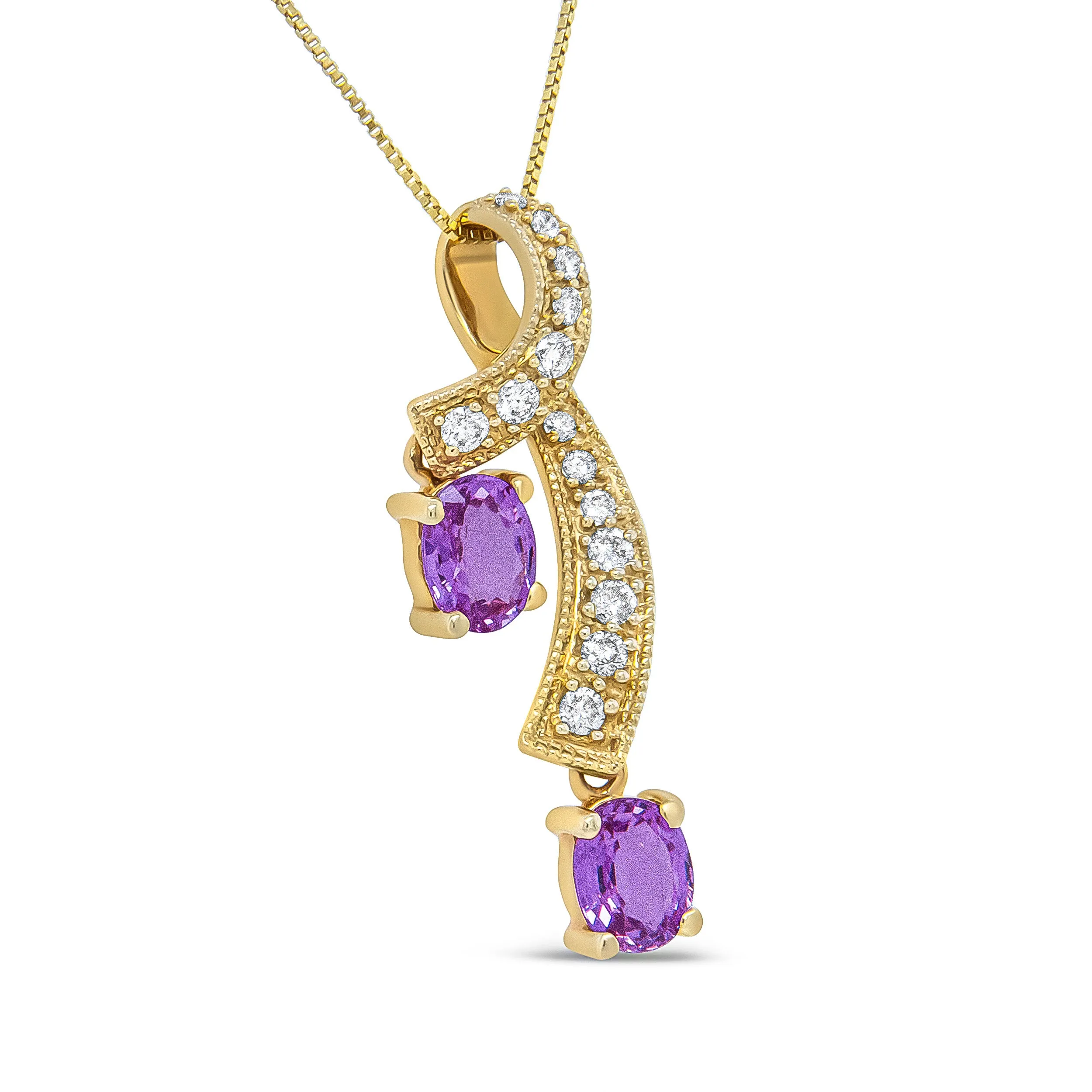 14K Yellow Gold 6x4mm Oval Pink Sapphire and 1/5 Cttw Round Diamond Pendant Necklace -