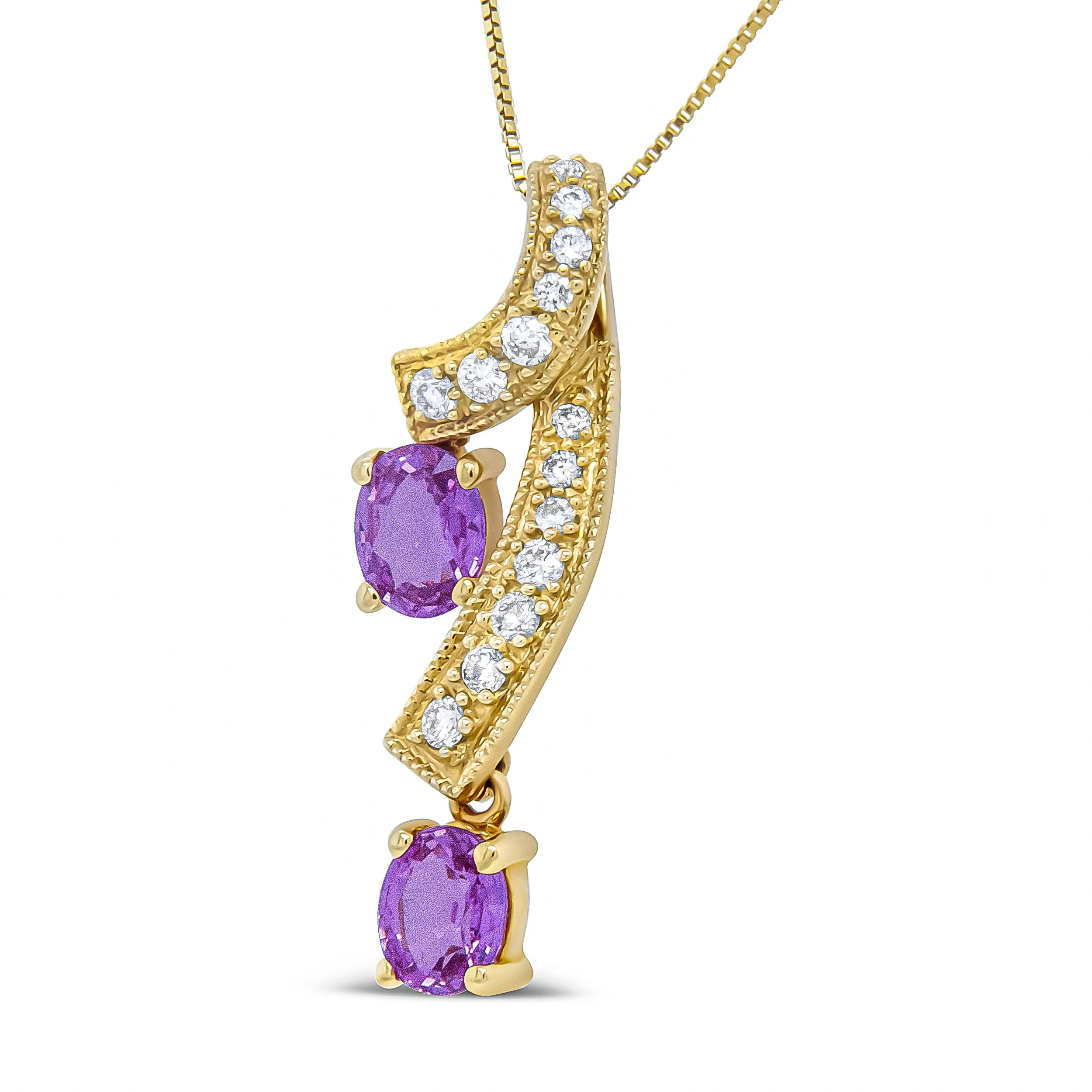 14K Yellow Gold 6x4mm Oval Pink Sapphire and 1/5 Cttw Round Diamond Pendant Necklace -