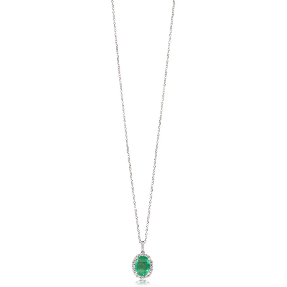 18ct White Gold Emerald & Diamond Halo Pendant