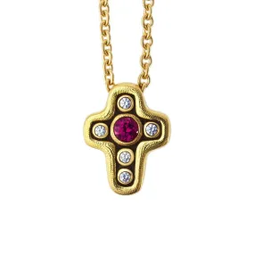 18K Cross Pink Sapphire & Diamond Pendant & Chain - M-1815