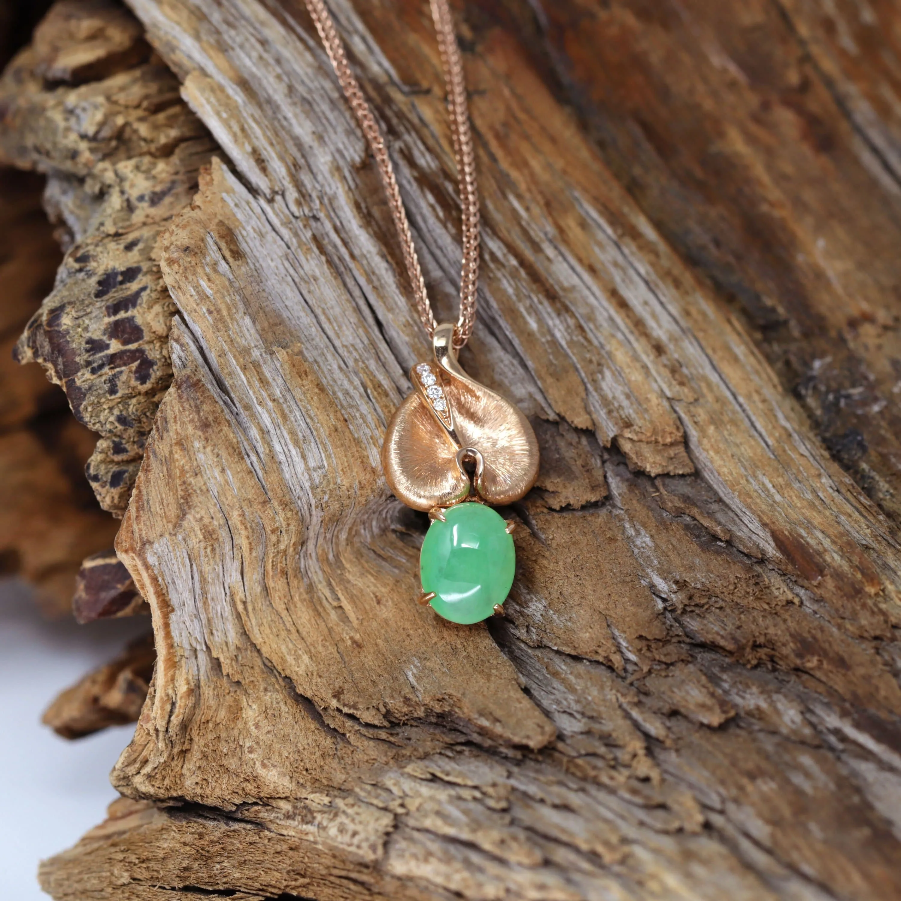18k Rose Gold Jadeite Jade Diamond Pendant Necklace