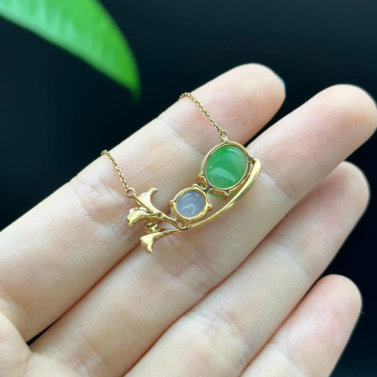18K Rose Gold "Apricot Flower" Oval Apple Green Jadeite Jade Cabochon Necklace with Diamonds