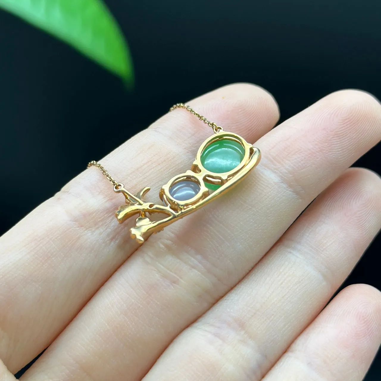 18K Rose Gold "Apricot Flower" Oval Apple Green Jadeite Jade Cabochon Necklace with Diamonds