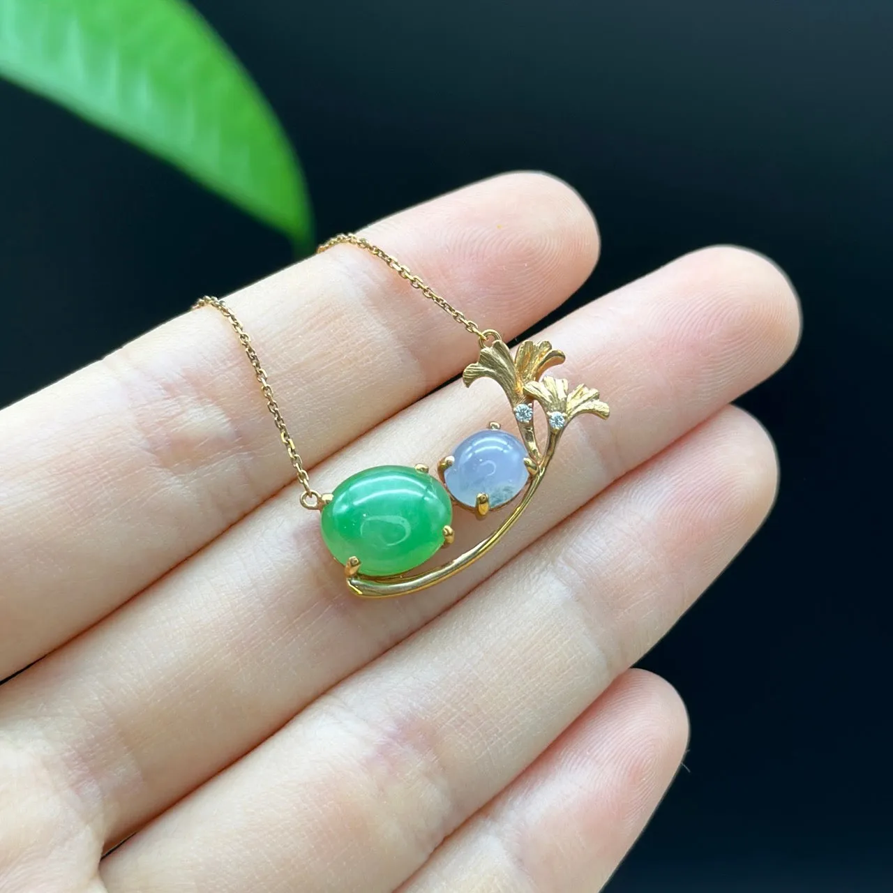 18K Rose Gold "Apricot Flower" Oval Apple Green Jadeite Jade Cabochon Necklace with Diamonds