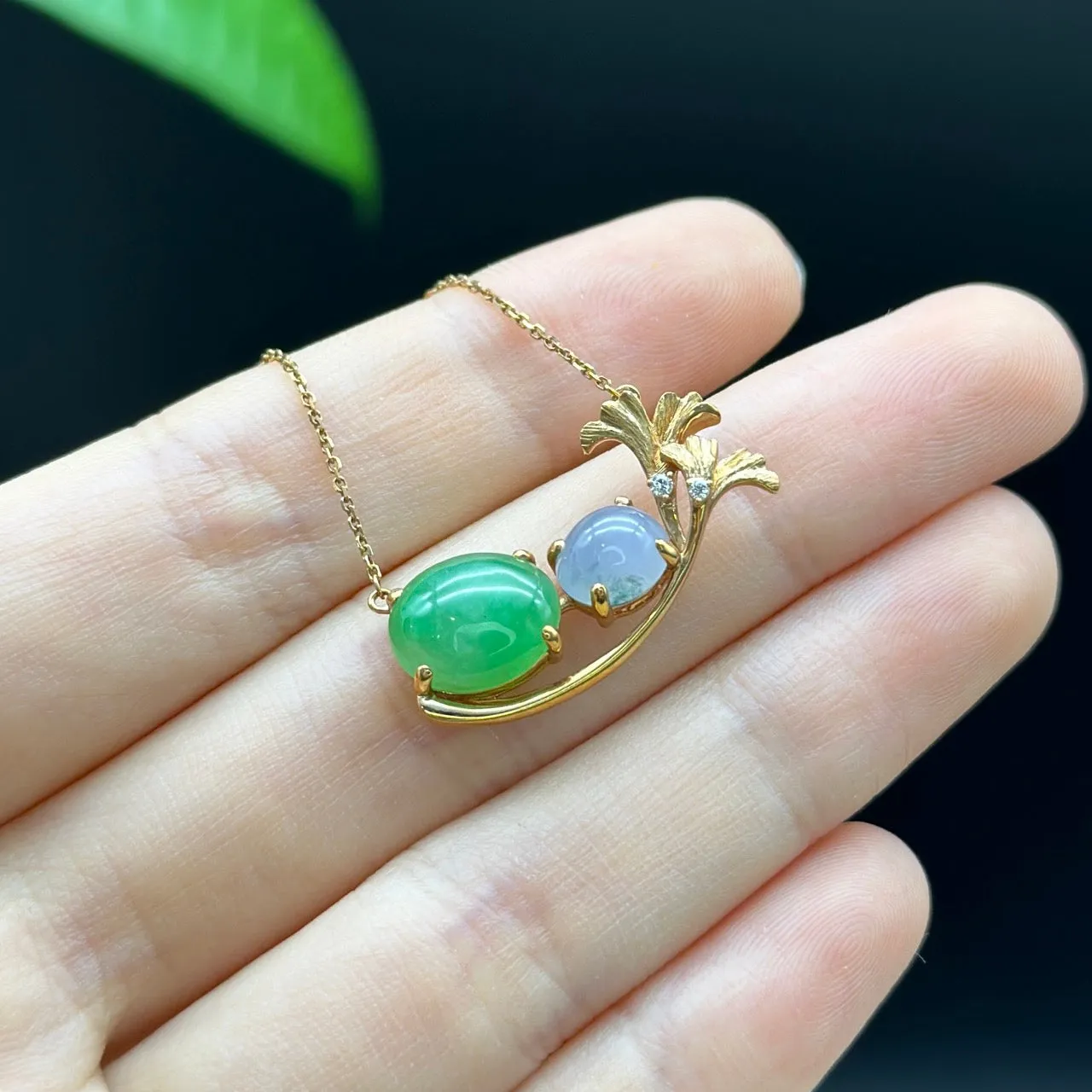 18K Rose Gold "Apricot Flower" Oval Apple Green Jadeite Jade Cabochon Necklace with Diamonds