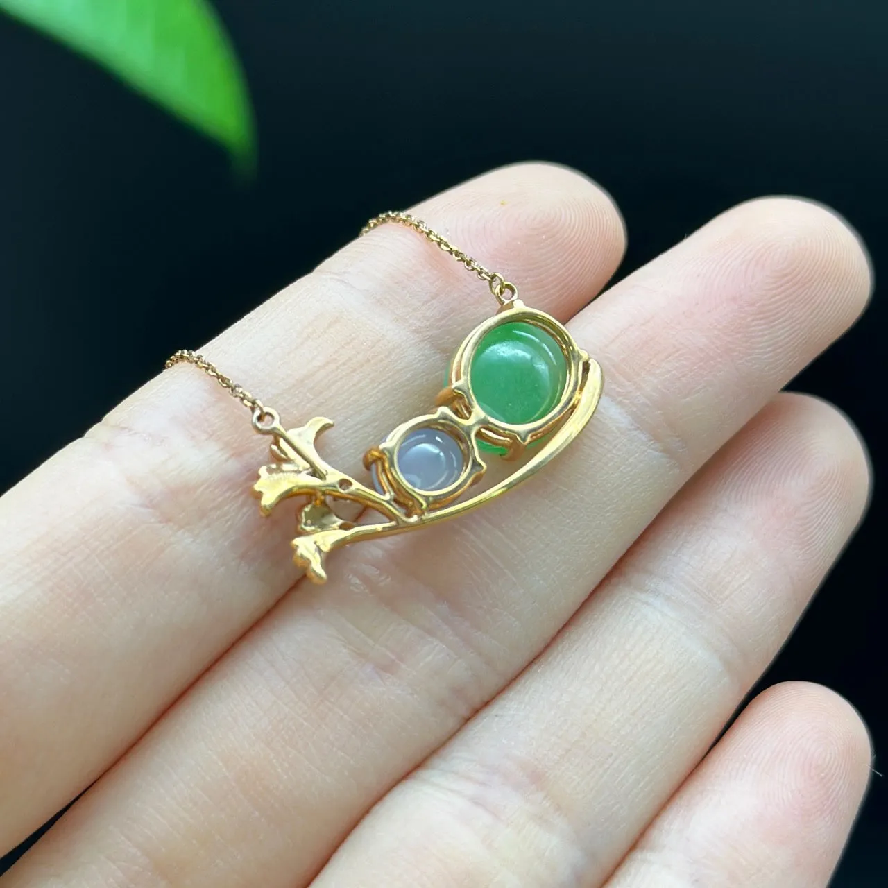 18K Rose Gold "Apricot Flower" Oval Apple Green Jadeite Jade Cabochon Necklace with Diamonds