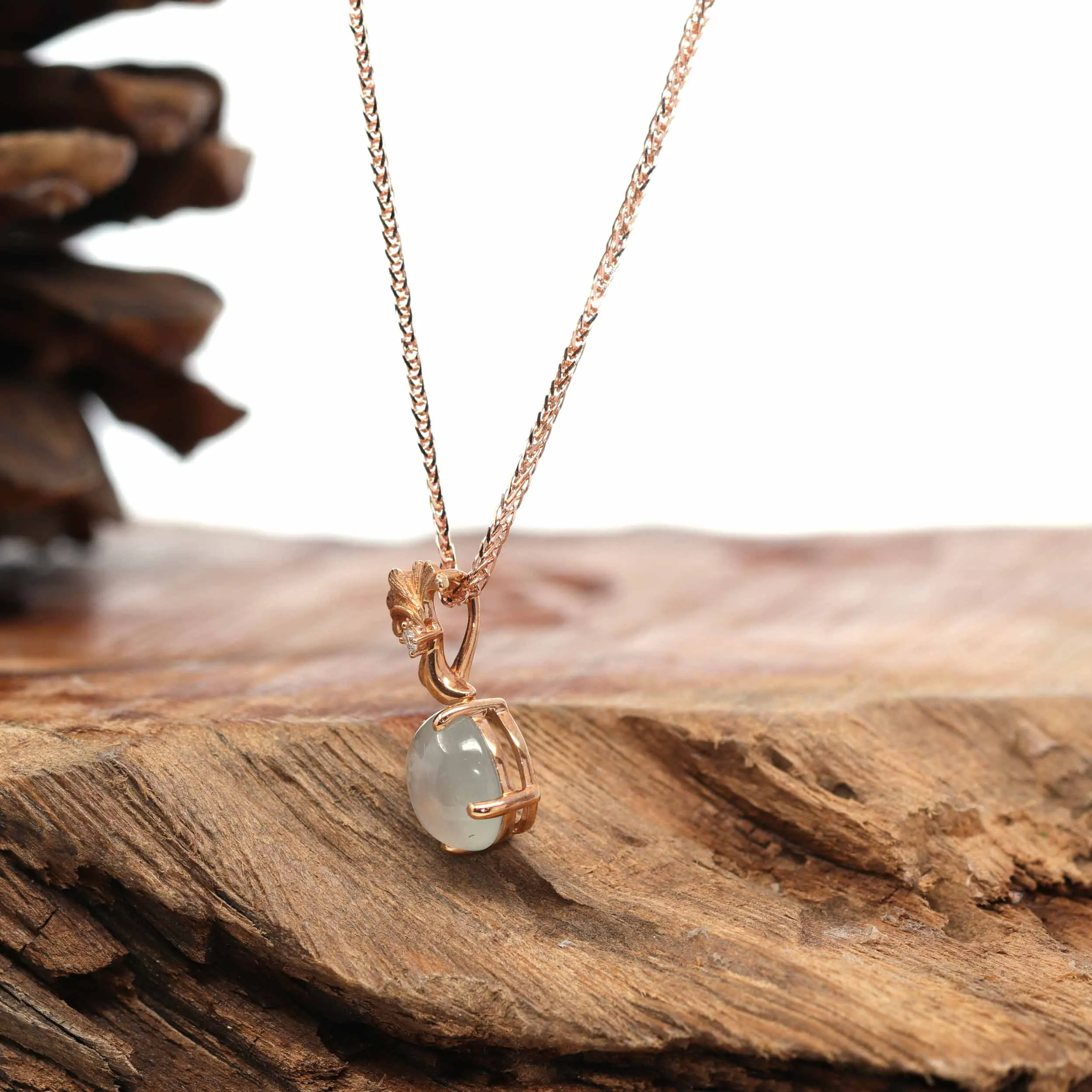 18K Rose Gold "Morning Glory" Genuine Ice Jadeite Jade Pendant with Diamonds