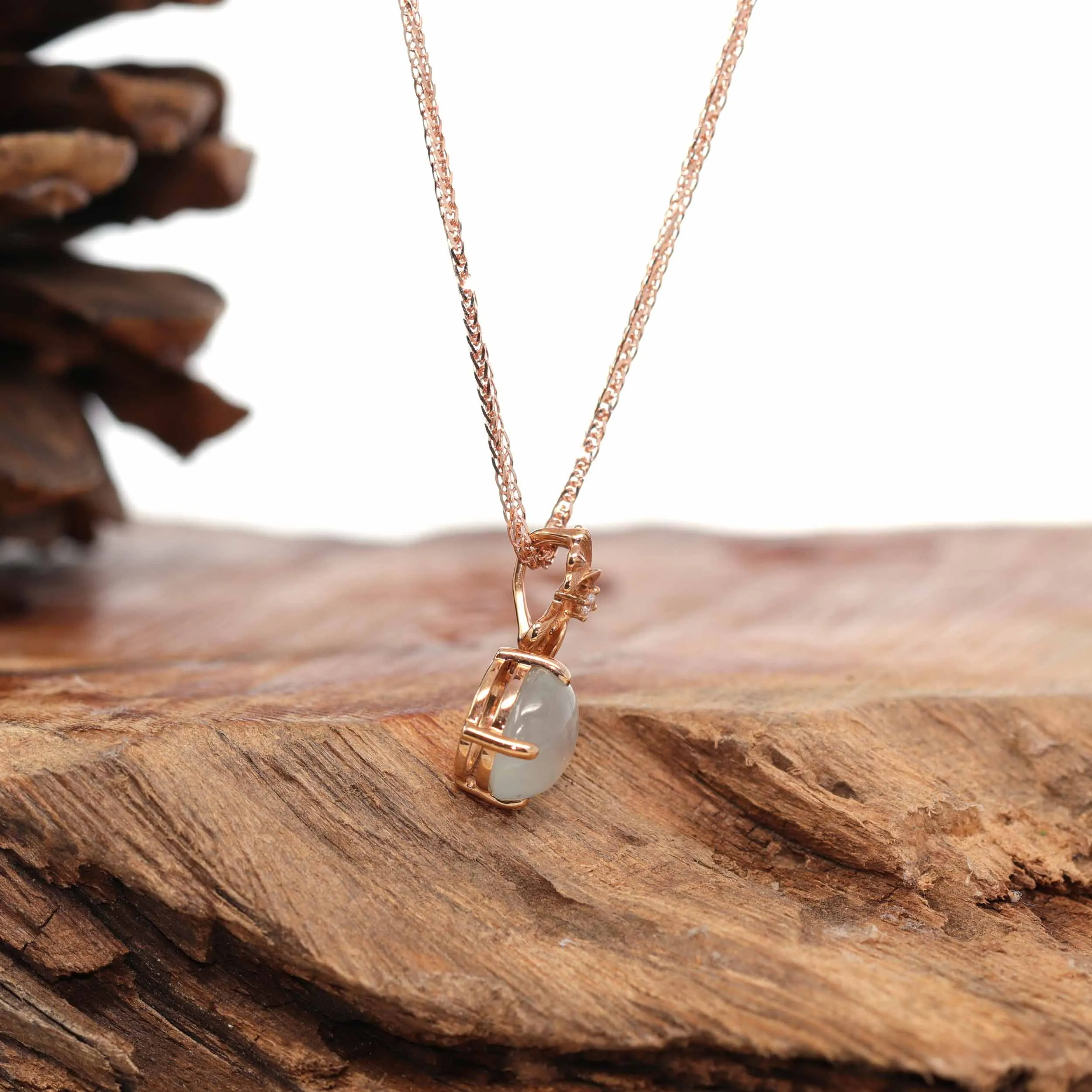 18K Rose Gold "Morning Glory" Genuine Ice Jadeite Jade Pendant with Diamonds