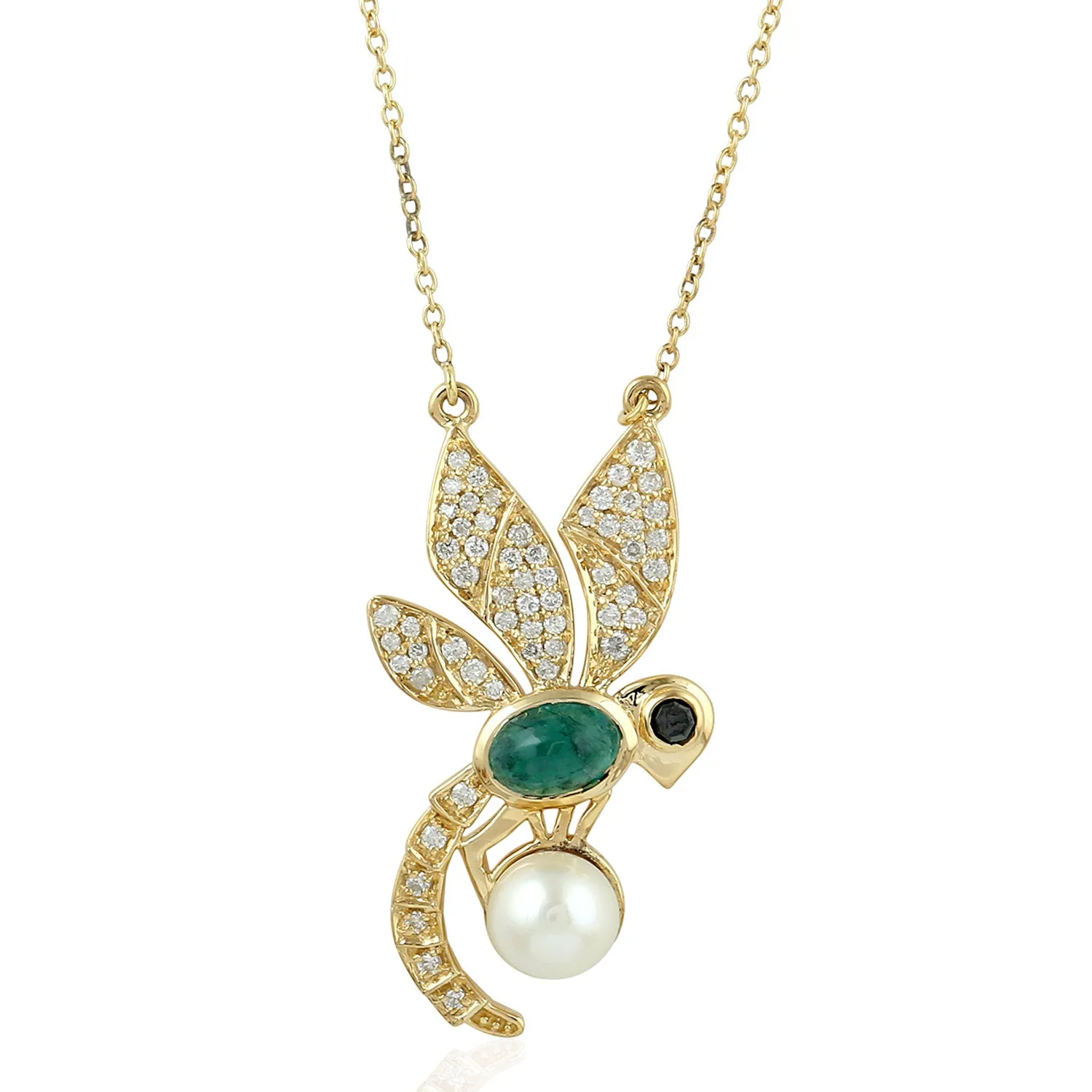 18k Yellow Gold Emerald Natural Pearl Dragonfly Fauna Pendant Necklaces Gift