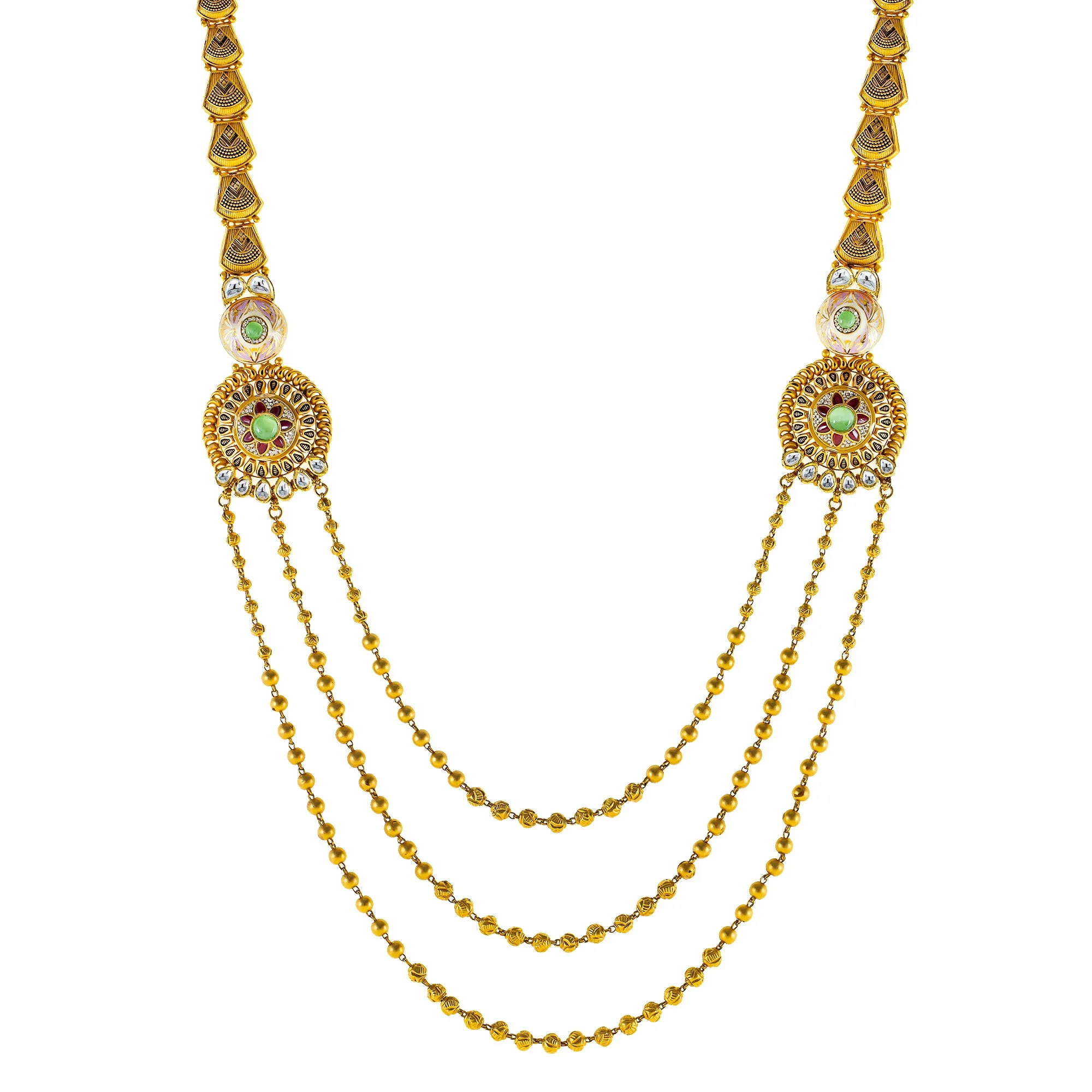22K Yellow Gold Necklace Set w/ Kundan, Emerald, and Ruby (71.3gm)