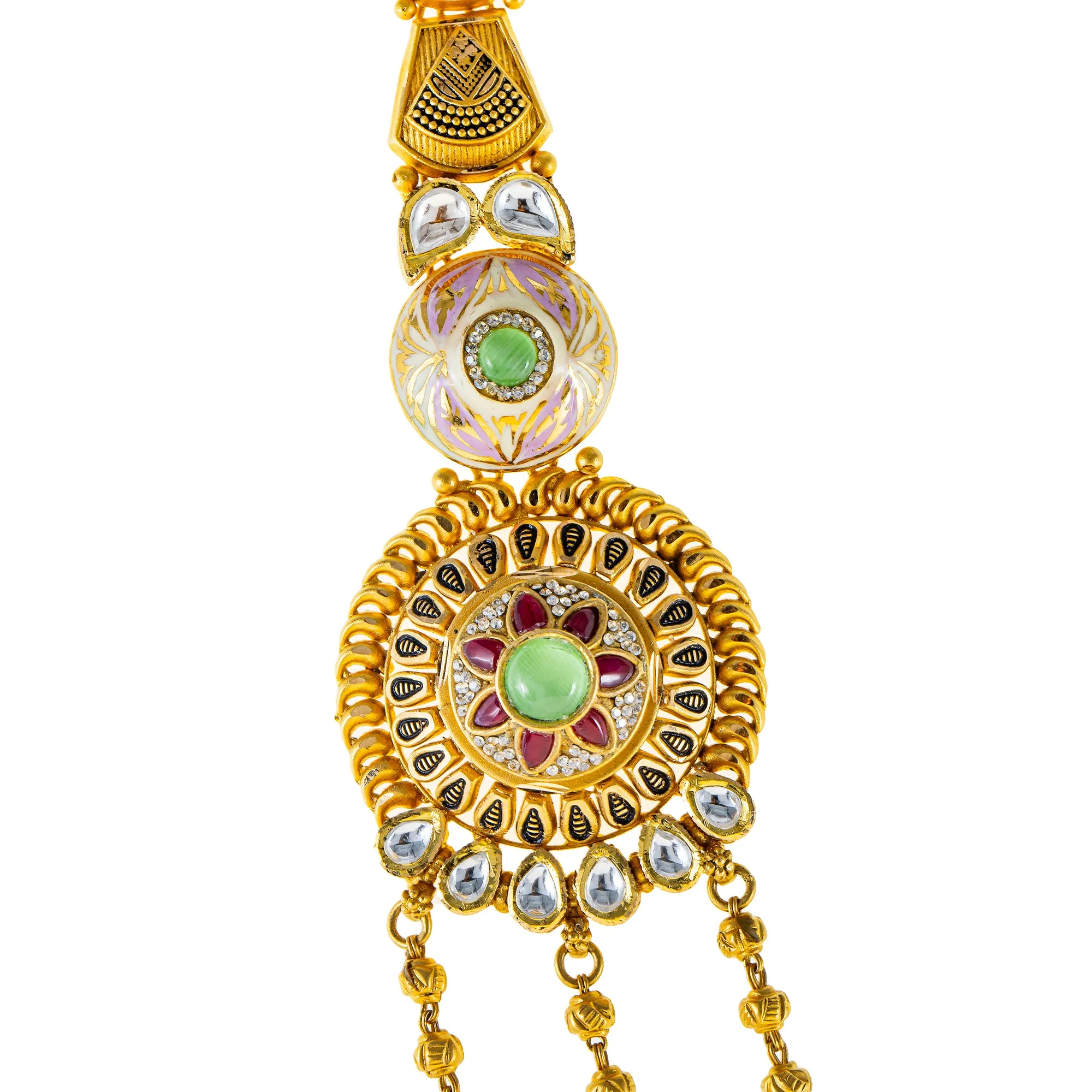 22K Yellow Gold Necklace Set w/ Kundan, Emerald, and Ruby (71.3gm)