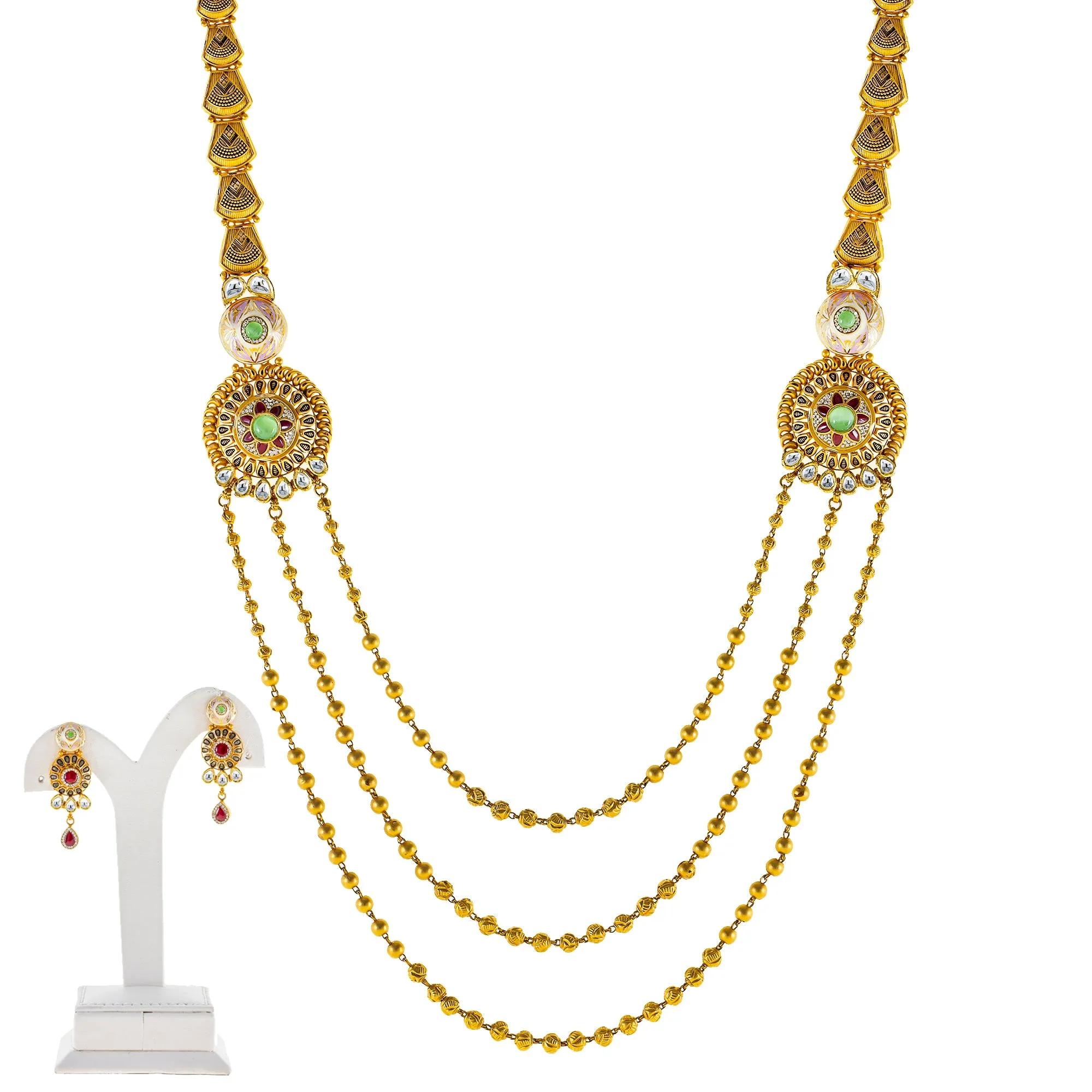 22K Yellow Gold Necklace Set w/ Kundan, Emerald, and Ruby (71.3gm)