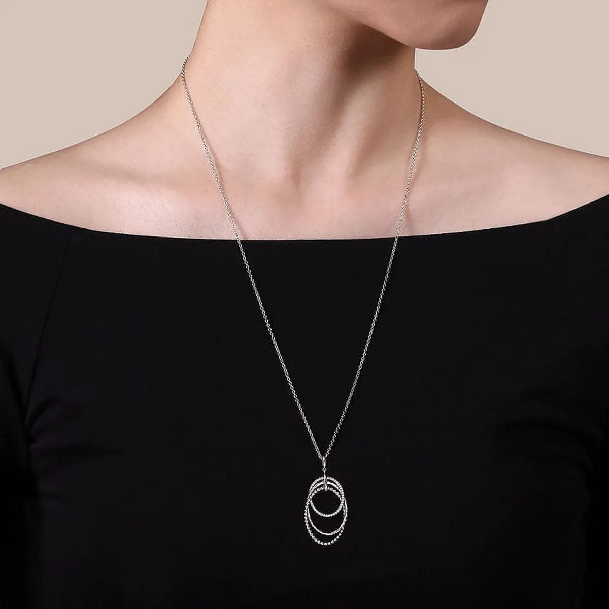 24 Inch 925 Sterling Silver White Sapphire Layered Ovals Pendant Necklace - NK6893-24SVJWS