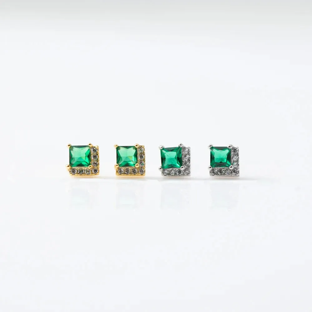 925 Sterling Silver 18k Gold Plated Earring and Necklace Charm Jewelry Set - Emerald Square - Xm252
