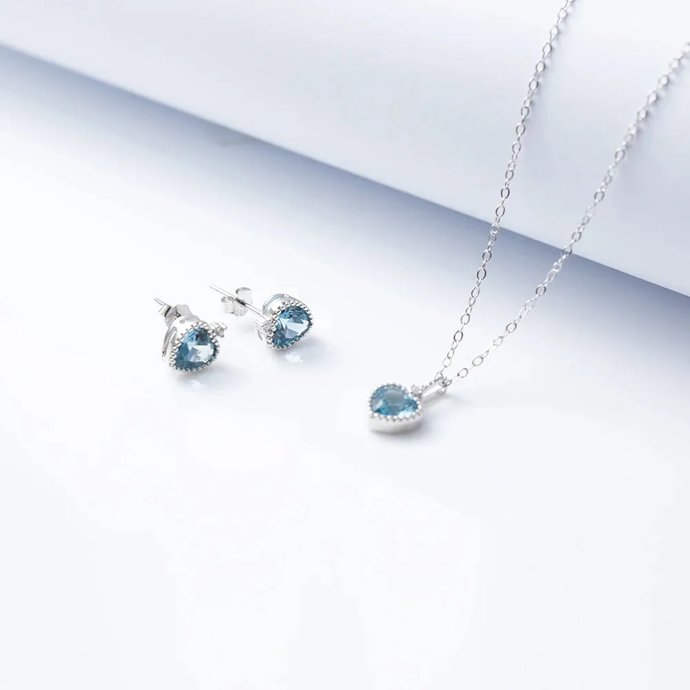 925 Sterling Silver Earrings and Necklaces Charm Jewelry Set - Blue Sapphire Heart - Xm251