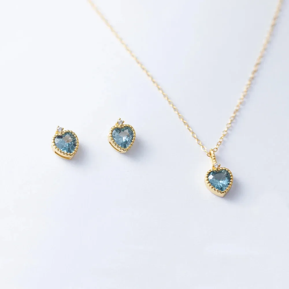925 Sterling Silver Earrings and Necklaces Charm Jewelry Set - Blue Sapphire Heart - Xm251