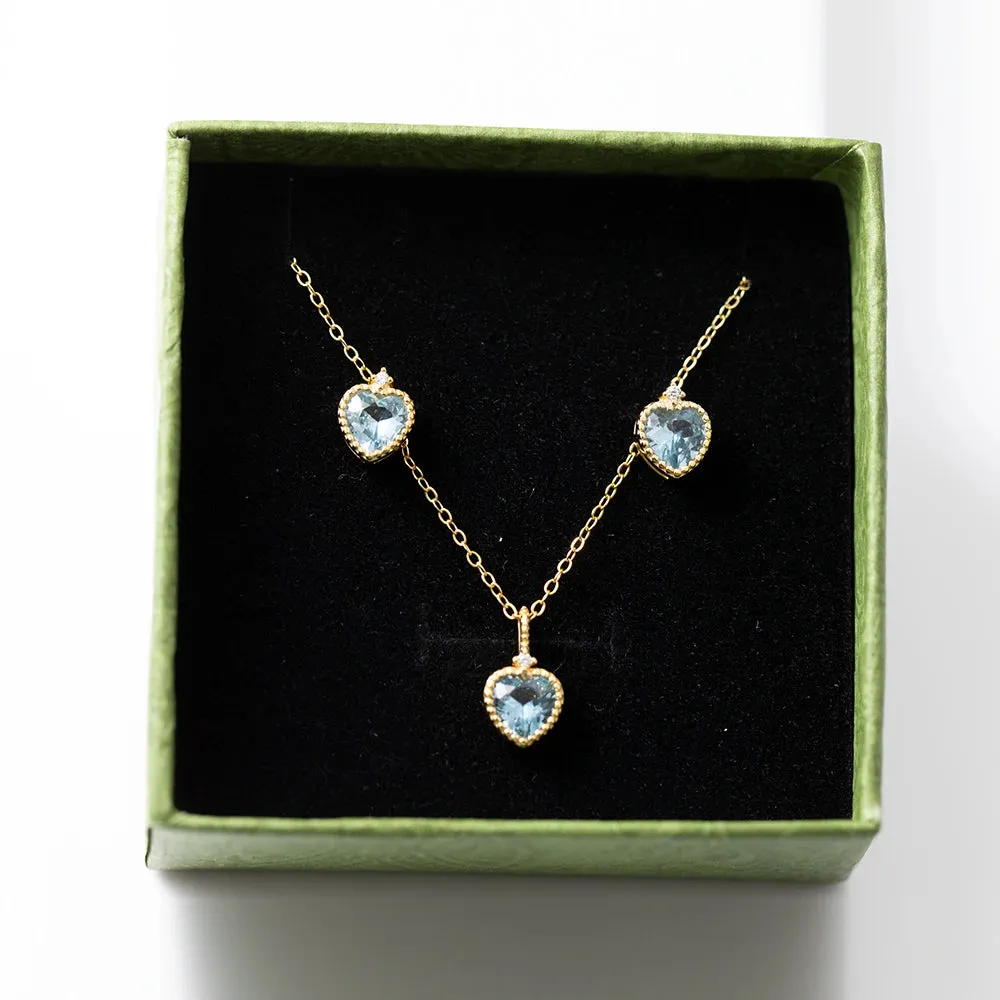 925 Sterling Silver Earrings and Necklaces Charm Jewelry Set - Blue Sapphire Heart - Xm251