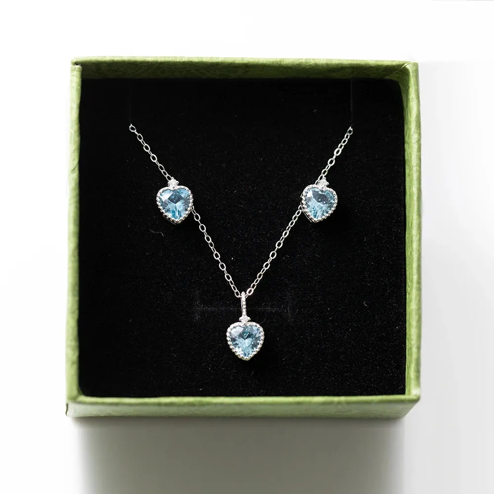 925 Sterling Silver Earrings and Necklaces Charm Jewelry Set - Blue Sapphire Heart - Xm251