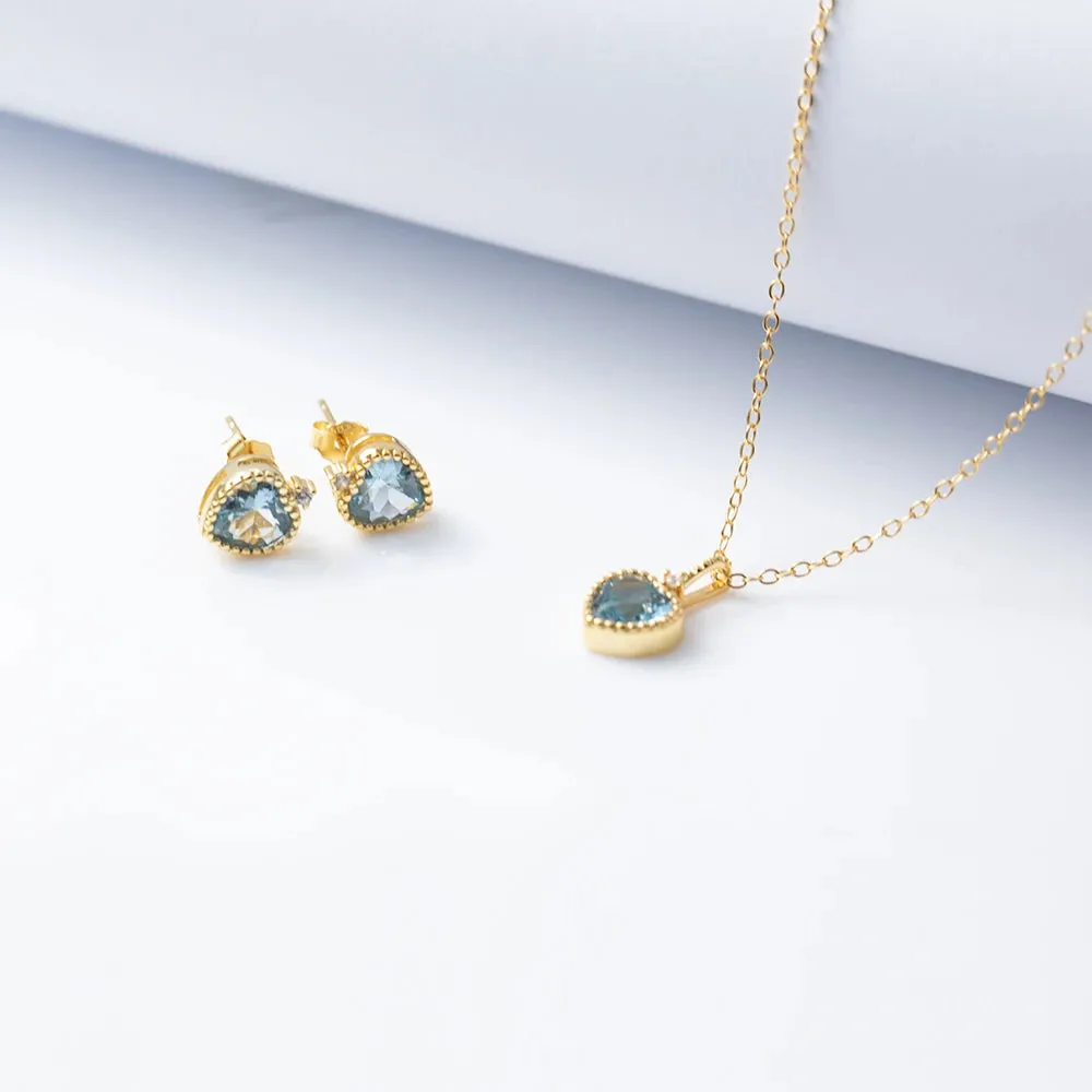 925 Sterling Silver Earrings and Necklaces Charm Jewelry Set - Blue Sapphire Heart - Xm251