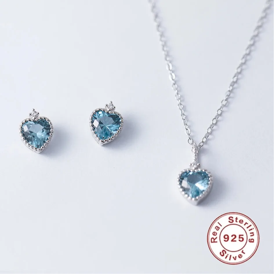 925 Sterling Silver Earrings and Necklaces Charm Jewelry Set - Blue Sapphire Heart - Xm251