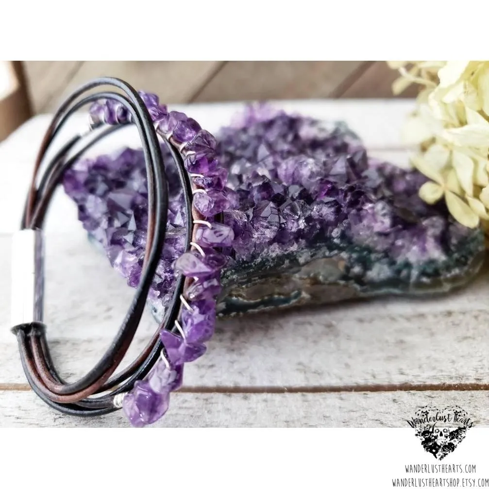 Amethyst leather bracelet