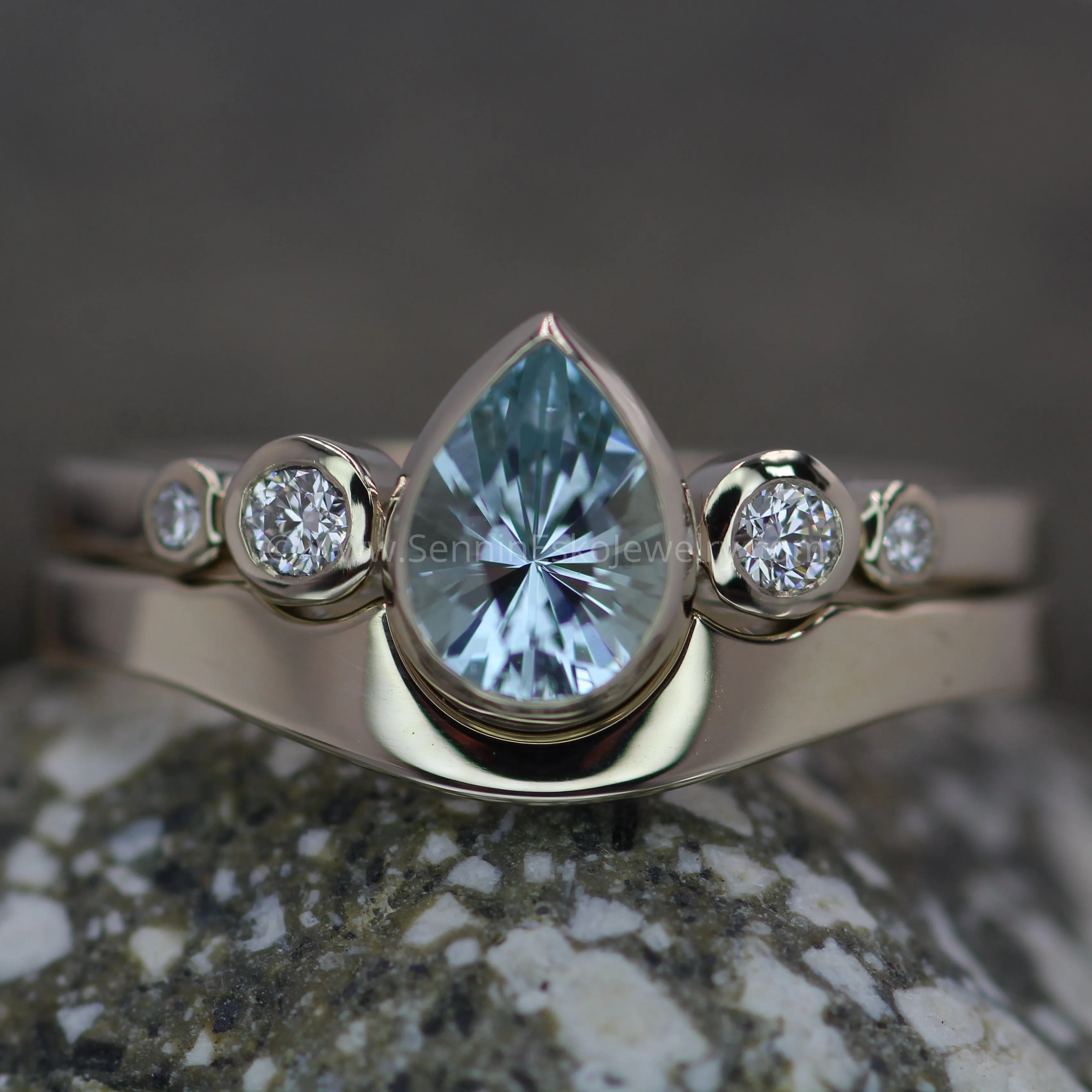 Aquamarine Tear Drop Ring Set with Diamond Accents