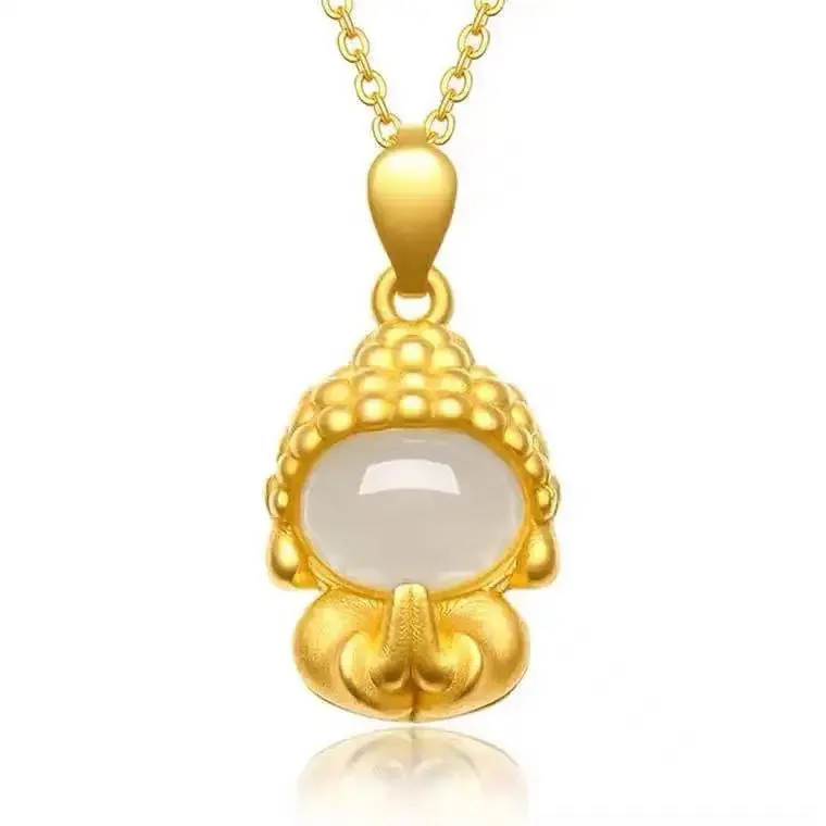Baby Buddha White Jade Pendant with Golden Necklace
