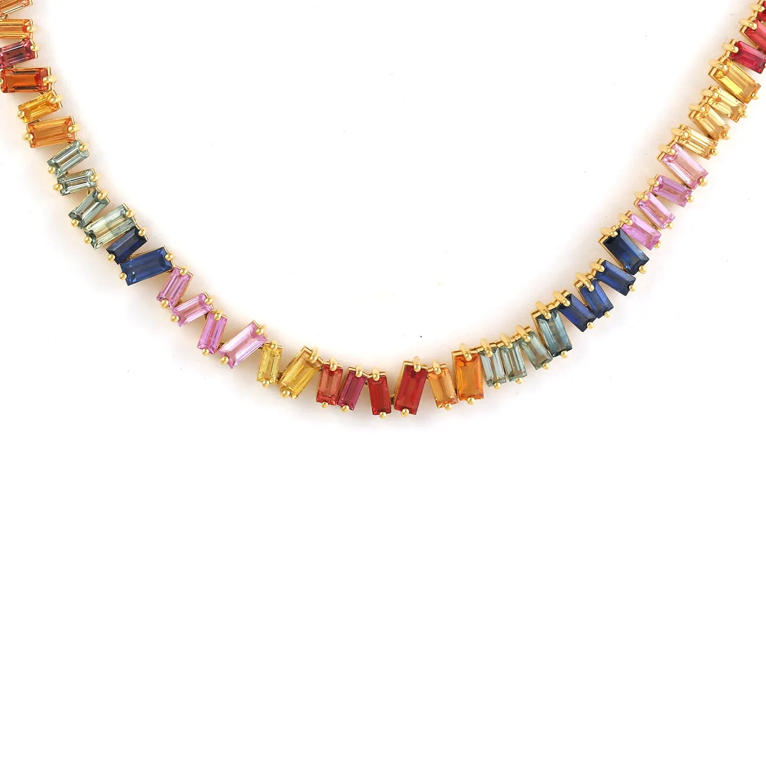 Baguette Multicolor Sapphire Beautiful 18k Yellow Gold Princess Necklace