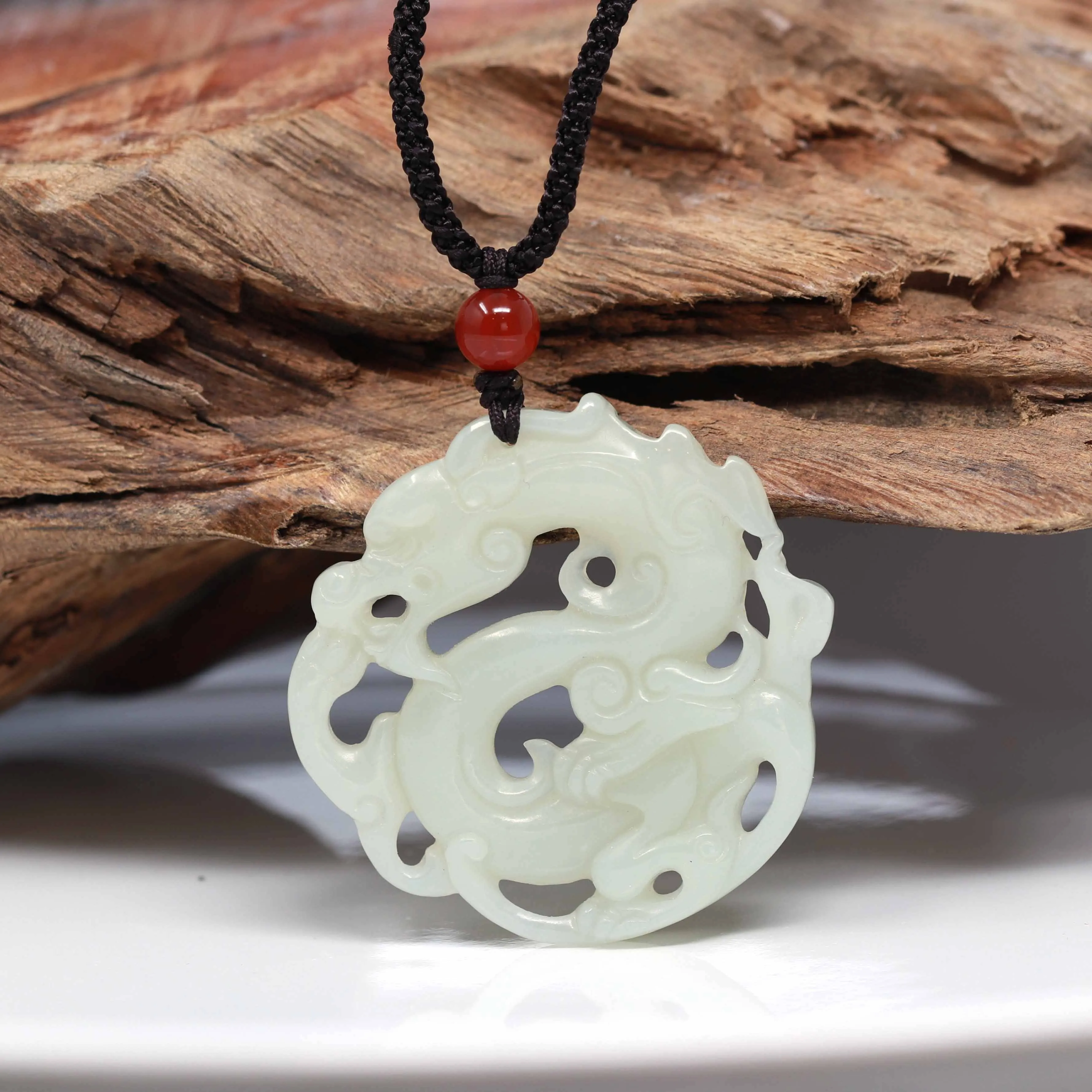 Baikalla "Jade Dragon In Cloud" Genuine White Nephrite Jade Dragon Pendant Necklace