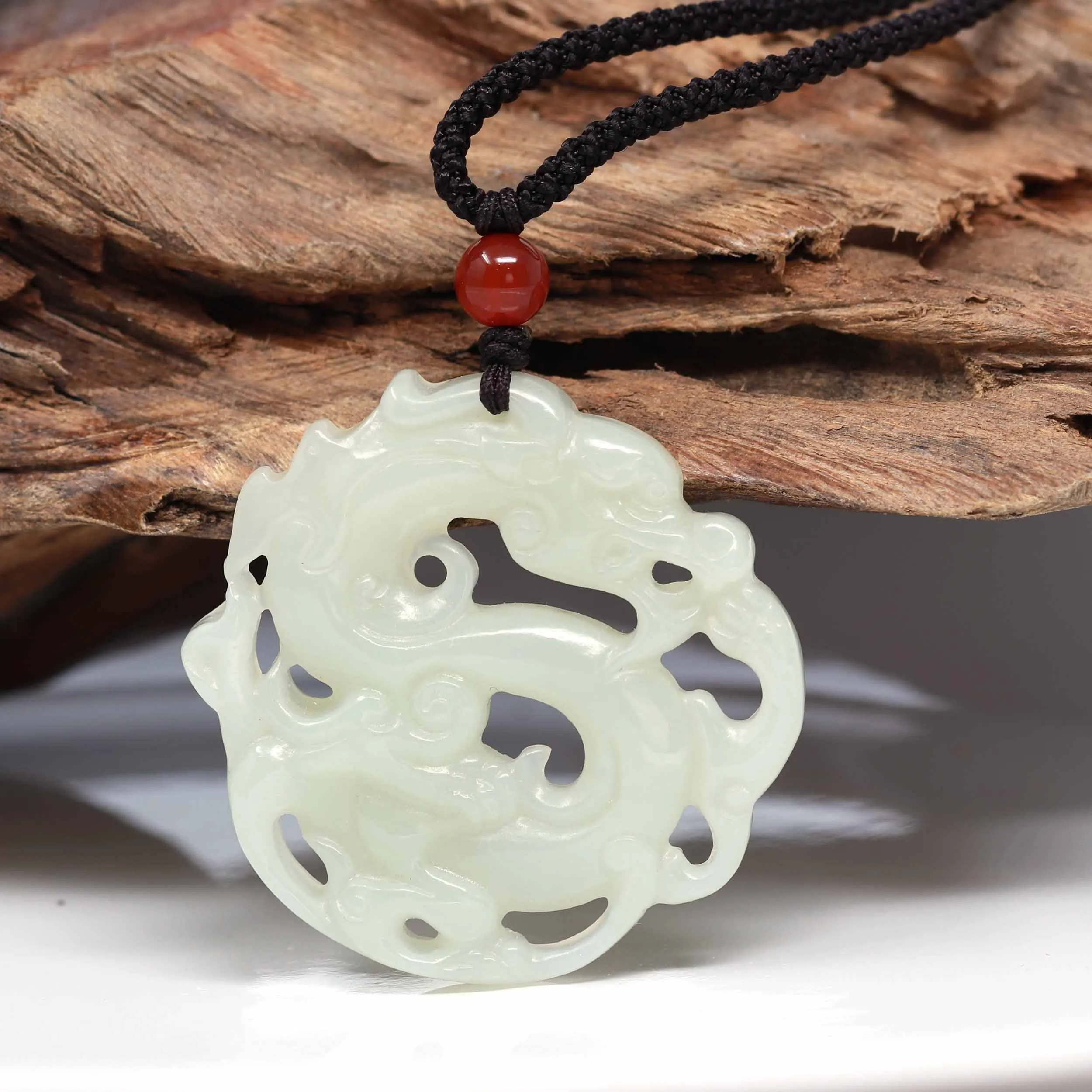 Baikalla "Jade Dragon In Cloud" Genuine White Nephrite Jade Dragon Pendant Necklace