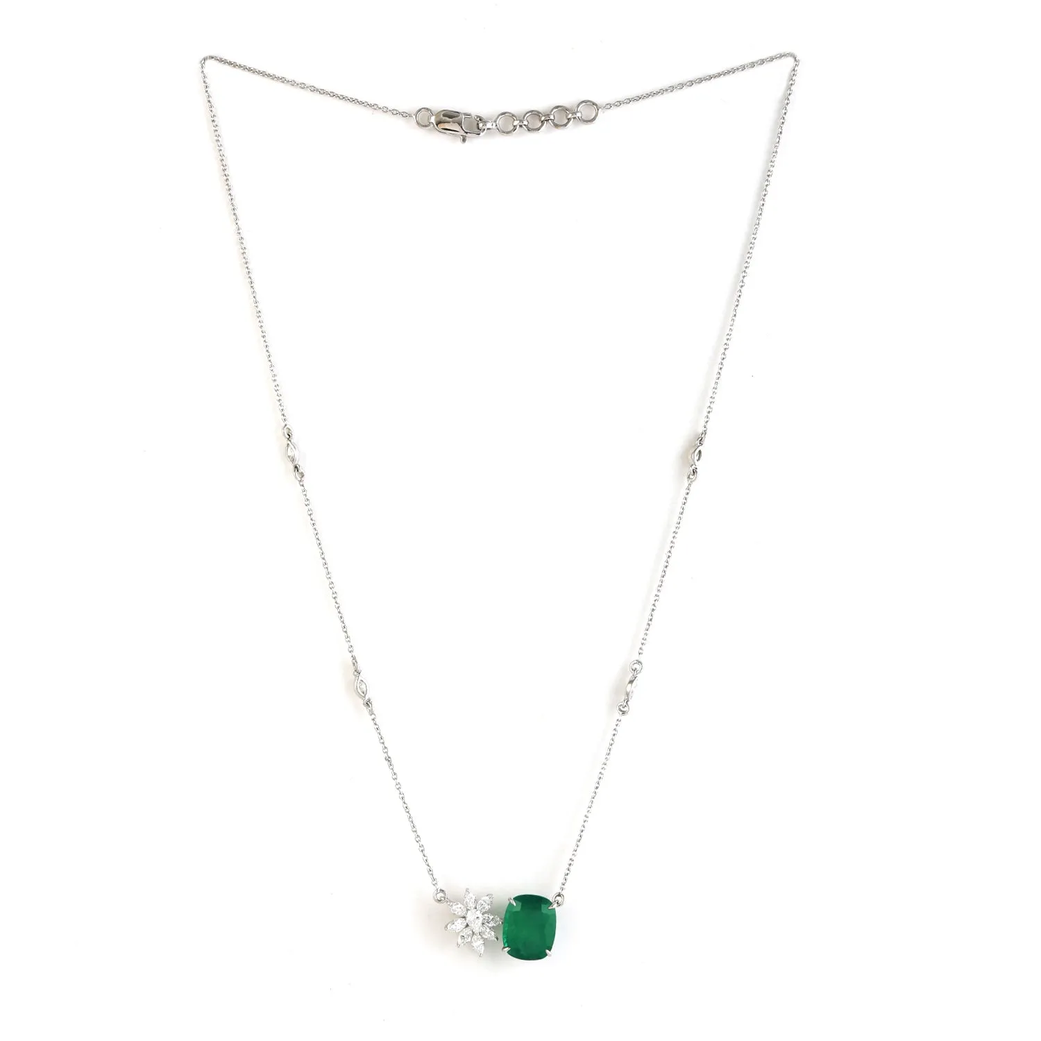 Beautiful Prong Set Emerald Daisy Rose Cut Diamond 18k White Gold Choker Chain Necklace